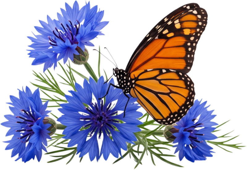 A monarch butterfly resting on a cluster of blue cornflowers
