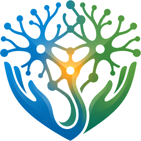 NeuroAware emblem: two interlinked neurons, one blue and one green, cradled by a pair of hands forming a heart